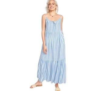 Old Navy Blue White Striped Tiered Coastal Boho Long Maxi Swing Dress Large